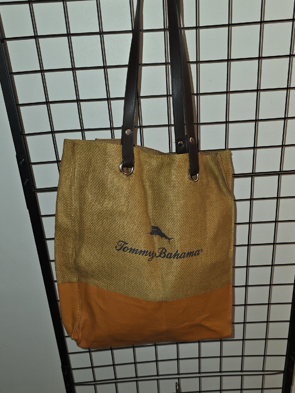 Tommy Bahama Olive and Tan Canvas Tote with Dark Brown Straps